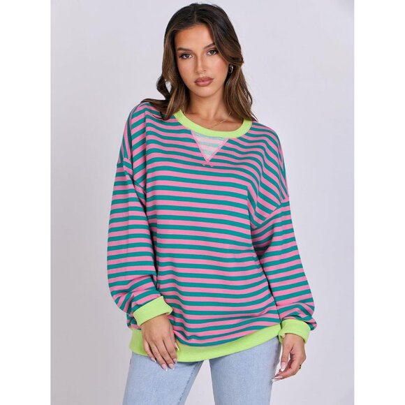 Women Striped Sweatshirt Oversized Crewneck Long Sleeve Casual Top - Picture 2 of 8